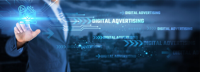 Hand touches glowing digital advertising icon (play/screen). Dynamic lines over city background...