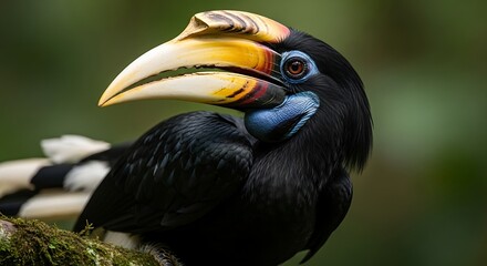 Close-up of a vibrant hornbill with striking blue and yellow features.
