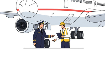 Illustration of an airline pilot and a ground crew member discussing a clipboard in front of a large airplane.