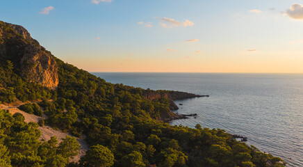 Warm sunset light over pine forest and calm Mediterranean coastline