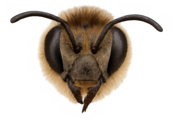 Bee head with hairy body and compound eyes, isolated macro showing insect anatomy on transparent background
