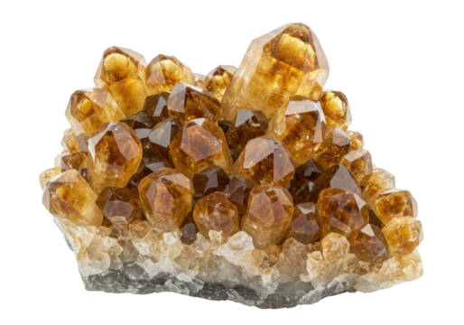 Cluster of yellowish brown quartz crystals transparent background cutout png