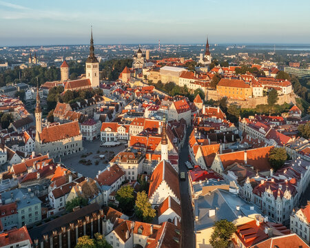 Aerial view of red tiled roofs cascade across the medieval Old Town, with the iconic spires of St. Olaf's Church and Tallinn Town Hall piercing the skyline, Tallinn, Estonia.