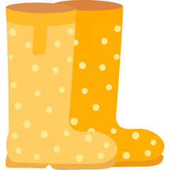 Pair of yellow polka dot rain boots standing side by side against a transparent background ideal for spring imagery