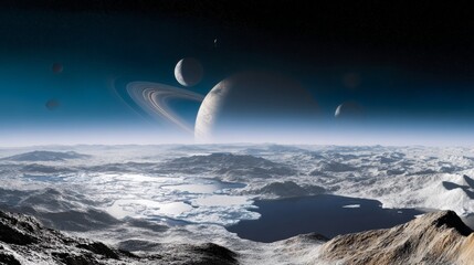 Stunning panoramic view of titan s icy surface with methane lakes and saturn s moons above