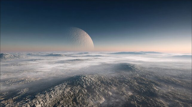 Photorealistic view of tethys, saturn s icy moon with odysseus crater and serene atmosphere. - Powered by Adobe