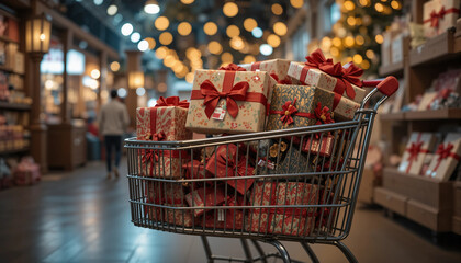 Shopping cart filled with wrapped Christmas gifts in store
