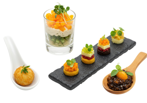 Gourmet appetizers on black background transparent background cutout png - Powered by Adobe
