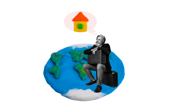 Composite photo collage of minded old man sit globe planet dream home relocation suitcase geolocation isolated on painted background