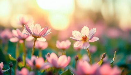 Fototapeta premium Delicate pink flowers bathed in warm sunrise light, creating a dreamy, peaceful mood. Backlit petals glow softly, ideal for nature, spring, wellness, and lifestyle stock themes.