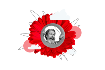 Composite photo collage of excited old man peek lifebuoy flower gerbera petal vacation relax journey isolated on painted background