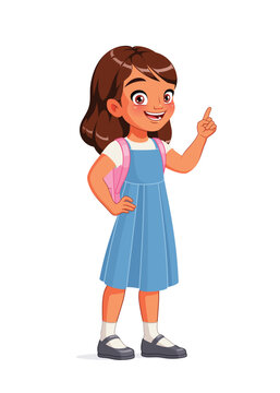 Happy Indian girl index finger pointing up with idea. Cartoon vector illustration.