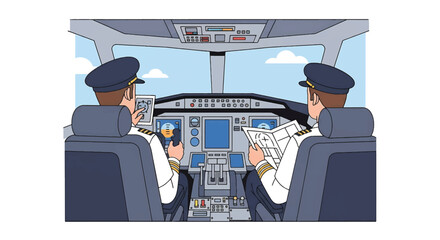 Illustration of two pilots in the cockpit, operating controls and navigating with a map, against a blue sky background.