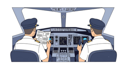 Two pilots sitting in the cockpit, operating controls and reading documents.
