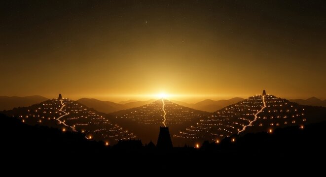 Makara Jyothi Sabarimala banner background, temple hills and lamp lights
