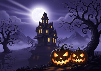 Spooky Halloween night illustration with a haunted house under a glowing full moon, two jack-o’-lantern pumpkins, bare trees, and misty mountains in the background. The scene has a mysterious purple.