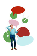 Vertical poster collage elder gentleman vintage outfit shocked finger point phrase communication forum message reply drawing background
