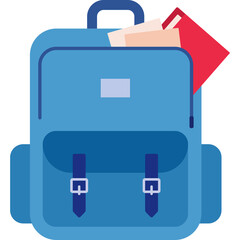 Blue backpack with books and papers peeking out from the top on a transparent background representing school and education concepts