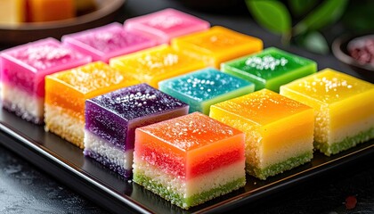 Vibrant Layered Jelly Desserts With White Cake Base And Colorful Topping Sprinkled With Sugar In Daylight Kitchen Scene