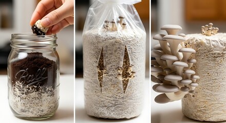 Step by step process of growing oyster mushrooms at home collage.