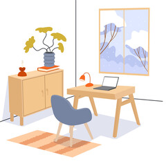 Modern home office interior with desk laptop chair lamp and window showing snowy winter landscape minimal cozy workspace illustration
