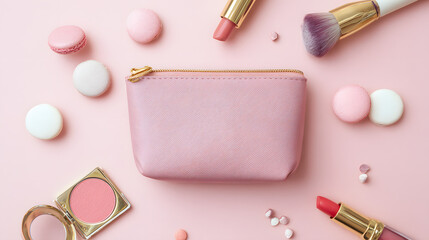 pouch. Pink cosmetic pouch with gold zipper detail, placed on a matching pastel surface. lifestyle magazines, social media lookbooks, designed for lifestyle magazines and social media content.