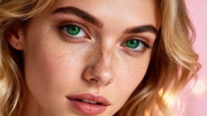 Fototapeta premium Close-up portrait of a person with freckles, green eyes, and blonde wavy hair against a soft pink background