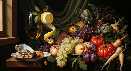 Still Life Painting of Abundant Fruits Vegetables and Oysters by a Window. © Niril