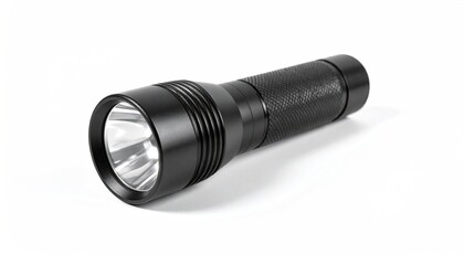 Black metal flashlight, angled, white background