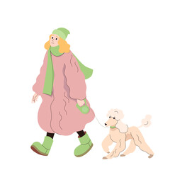 Woman in pink winter coat walking poodle dog in green scarf hat and boots on cold day flat illustration on white background