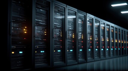 Row of Data Center Server Racks with LED Status Lights