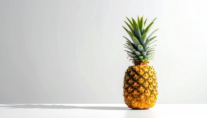 Single whole pineapple w/ green spiky top against white