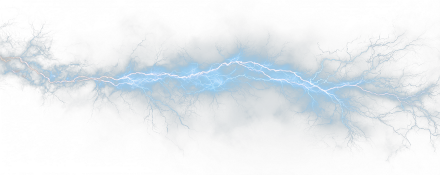 Electric lightning arcs flash through dark storm clouds. Neon glow and sparks enhance the dramatic energy of the thunderstorm scene. PNG