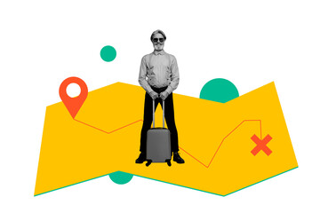 Composite photo collage of happy man pensioner hold suitcase summer map travel gps adventure trip isolated on painted background