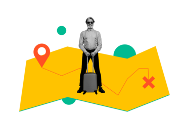 Composite photo collage of happy man pensioner hold suitcase summer map travel gps adventure trip isolated on painted background