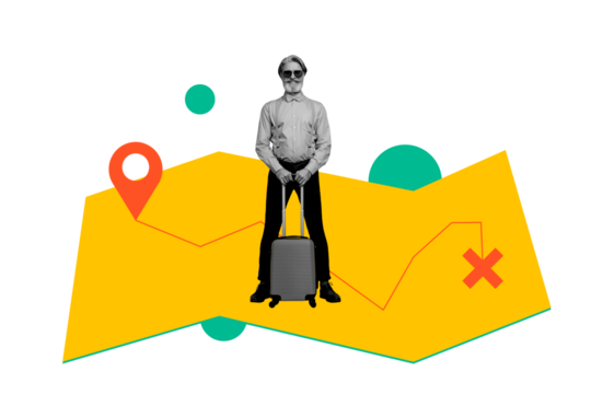 Composite photo collage of happy man pensioner hold suitcase summer map travel gps adventure trip isolated on painted background