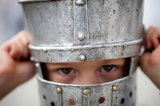 Close-up of a child wearing a metallic knight helmet, peering intensely through the visor with hands adjusting the armor, symbolizing imagination, childhood play and historical roleplay  - Powered by Adobe