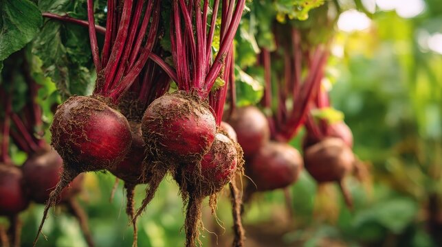 A bright close-up of a bunch of freshly harvested beets with remnants of soil, hanging in the sunlight