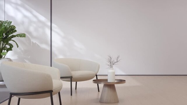 3d rendering of minimalist living room with modern armchair and neutral white beige backdrop. Soft blurred movement foliage leaf shadow on clean bright wall in cozy interior space for relaxation.