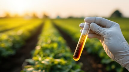 Scientific Analysis of Soil or Crop: Test Tube in a Field at Sunset
