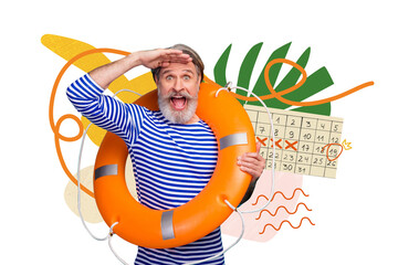 Composite photo collage of excited old man wear striped sailor shirt hold lifebuoy wait calendar...