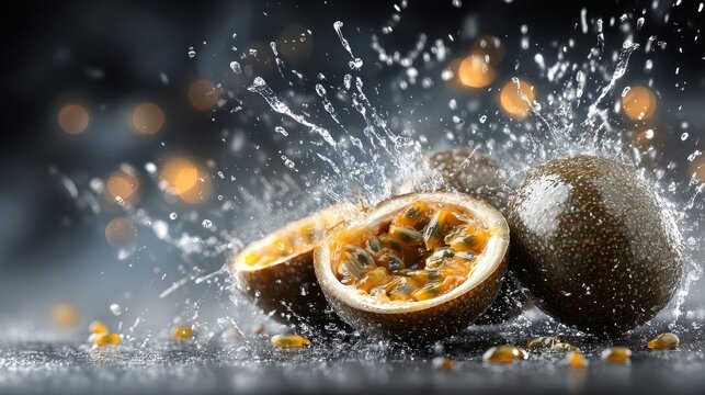 Whole and halved dark passion fruit with visible seeds and pulp, surrounded by dynamic water splashes and droplets against a dark, bokeh lit background.