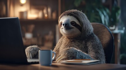Obraz premium Sloth sitting at desk, working on laptop in office, drinking coffee