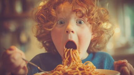 Naklejka premium Young boy with wide open mouth and surprised look eating spaghetti: close-up