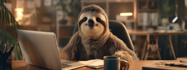 Obraz premium Sloth sitting at desk, working on laptop in office, drinking coffee