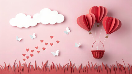Paper art hot air balloons shaped like hearts flying among clouds and butterflies