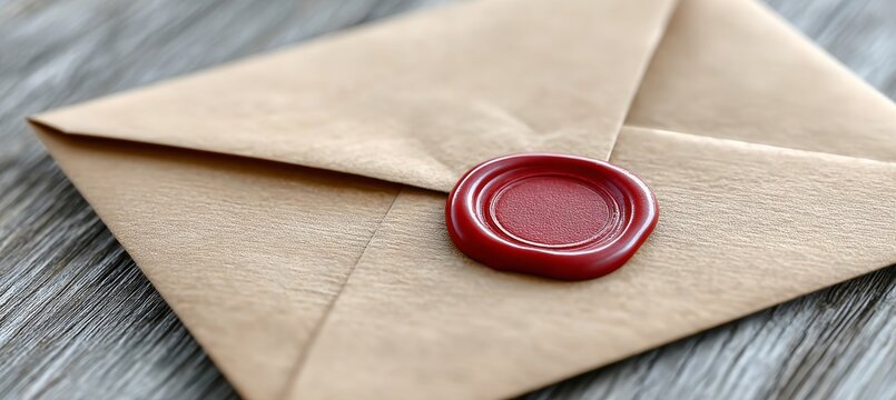 Antique Envelope with Red Wax Seal Detail, Vintage Letter on Wooden Surface, Parchment Close Up