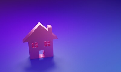 Pink House icon isolated on purple-blue background. Home symbol. Minimalism concept. 3D render illustration