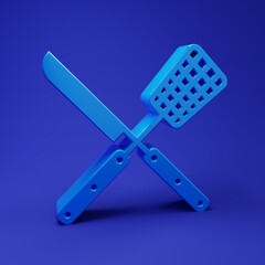 Blue Crossed knife and spatula icon isolated on blue background. BBQ knife and spatula sign. Barbecue and grill tools. Minimalism concept. 3D render illustration
