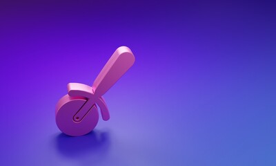 Pink Pizza knife icon isolated on purple-blue background. Pizza cutter sign. Steel kitchenware equipment. Minimalism concept. 3D render illustration